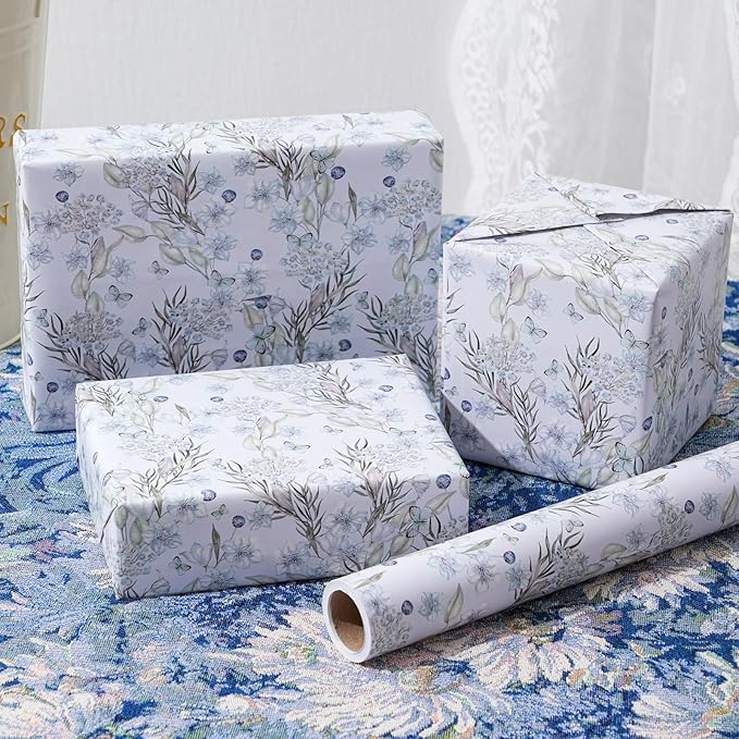 ZINTBIAL Floral Wrapping Paper Roll - Light Blue Watercolor Flowers and Butterfly Design, 17 Inches x 16.5 Feet, Gift Wrap for Wedding, Bridal Shower, Birthday, with Cut Lines on Back