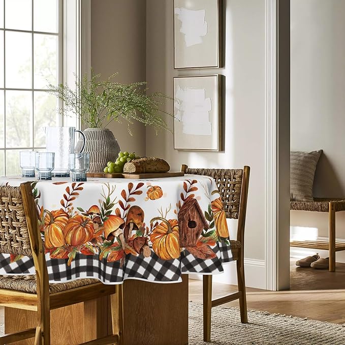 Horaldaily Fall Tablecloth 70x70 Inch Round, Thanksgiving Autumn Harvest Pumpkin Mushroom Black Buffalo Plaid Table Cover for Party Picnic Dinner Decor