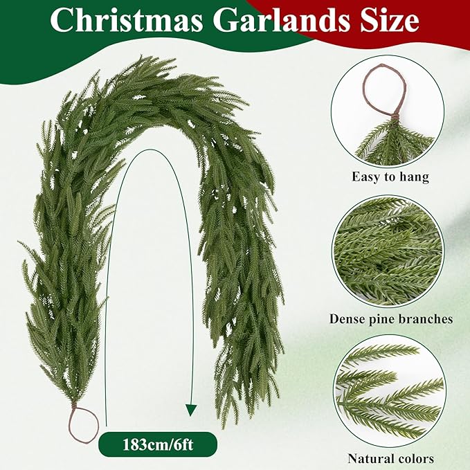 U'Artlines 1Pcs Christmas Norfolk Pine Garland, 6 Ft Xmas Faux Greenery Garland Real Touch Winter Cedar Garlands for Table Stairs Mantle Fireplace Holiday Decoration