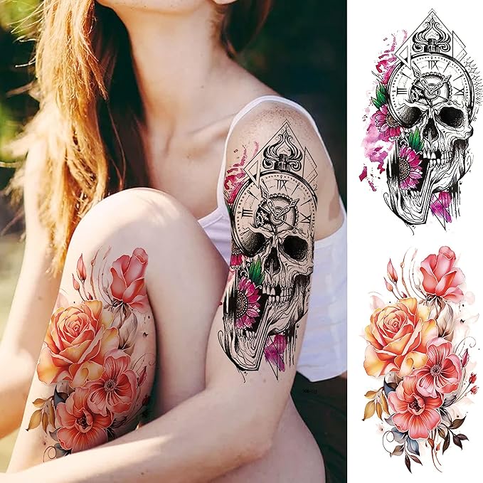 20 Sheets Sexy Rose Flower Full Arm Temporary Tattoos For Women Girl, Large Peony Lotus Florals Wolf Lion Tiger Fox Skull Fake Sleeve Tattoo For Adults, Watercolor Skull Halloween Tattoo Stickers