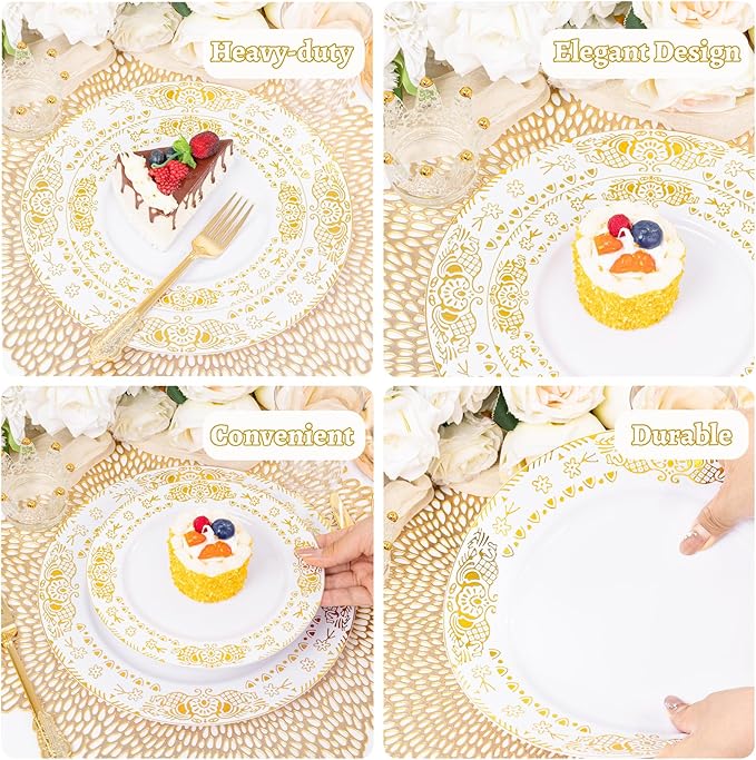 GATHER 350PCS White and Gold Plastic Plates - Gold Disposable Dinnerware Set Include 50 Dinner Plates, 50 Dessert Plates, 150 Gold Plastic Silverware, 50 Napkins, 50 Cups for Wedding & Thanksgiving