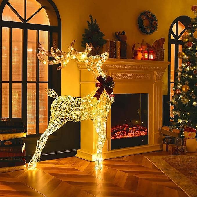 Tangkula 4.4 FT Christmas Lighted Reindeer, Outdoor Yard Christmas Decorations with 120 LED Lights, Artificial Xmas Décor with Stakes and Zip Ties, Indoor/Outdoor Festive Holiday Decoration