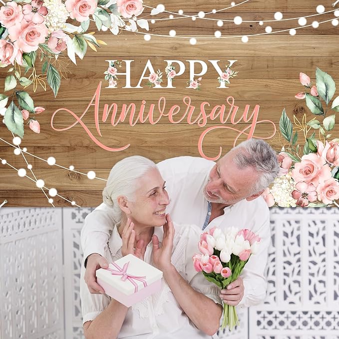 Avezano Happy Anniversary Backdrop Rustic Pink Floral Happy Anniversary Banner Wooden Cheers to Marriage Wedding Commemoration Day Party Decorations Banner 70.8 x 43.3 Inch