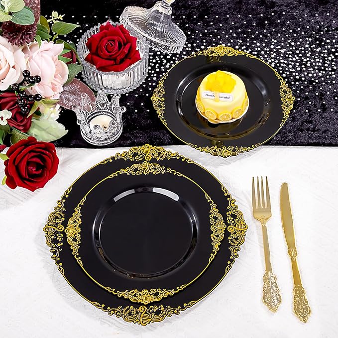 125PCS Black and Gold Plastic Plates - Black Disposable Dinnerware Set - Vintage Plastic Plates with Gold Silverware for 25 Guests for Wedding Party Halloween