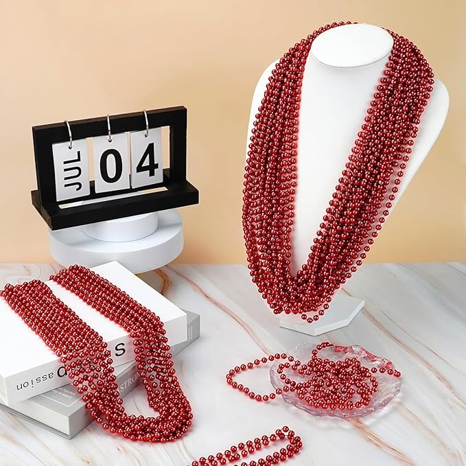 SHAOQINLIN 24 PCS Red Mardi Gras Beads, Christmas Necklaces, Valentine Bead Necklace, 4th of July Necklaces, 33'' Party Beads for Patriotic Day, Mardi Gras, Christmas Party Favors