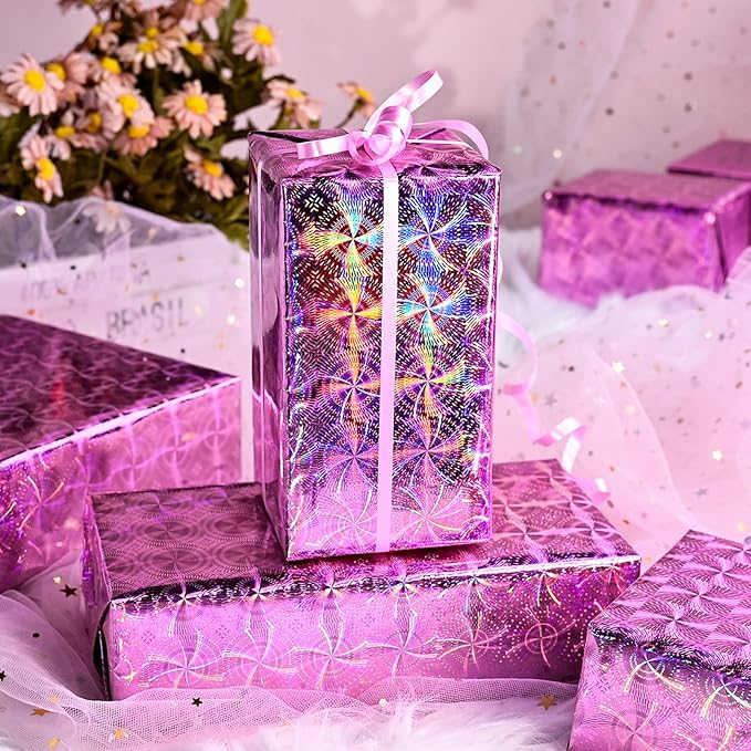 Yarcony Pink Holographic Wrapping Paper Roll, Shiny Iridescent Metallic Gift Wrapping Paper, Colorful Rainbow Valentines Wrapping Paper for Girl Birthday Party,Anniversary,Wedding (17 Inch X 33 Feet)