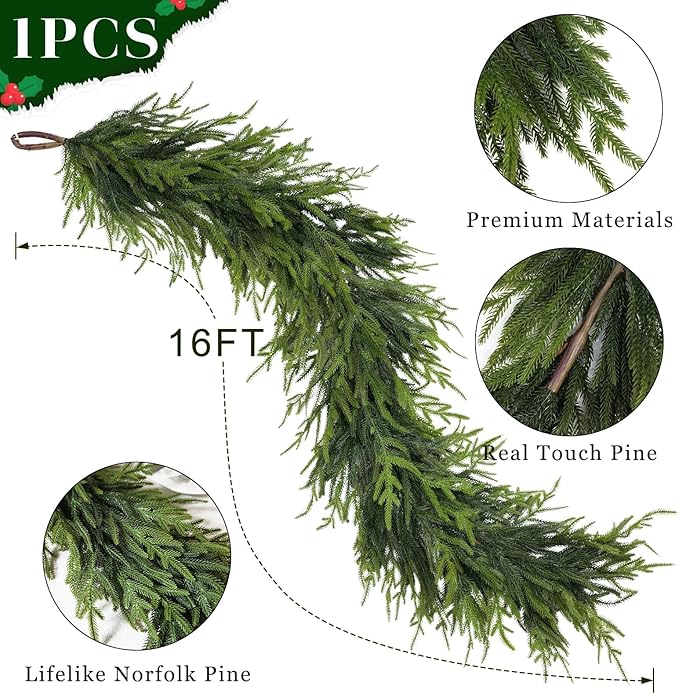 Artificial Norfolk Pine Garland - Faux Christmas Garland Fake Green Garland for Fireplace,Table, Stairs, Mantle, Window,Indoor Outdoor,Home,Holiday Decor (1 PCS,16 FT)
