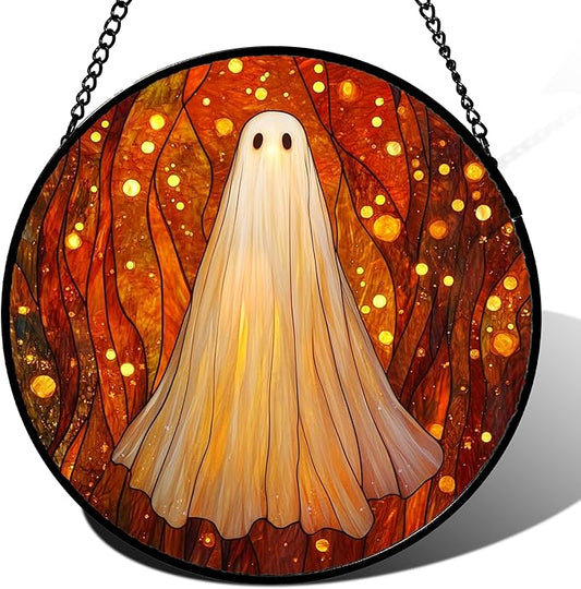 Stained Glass Window Hanging - Halloween Decoration Glowing Forest Ghost Suncatcher for Door Garden Spooky Orange Sun Catchers Gothic Decor Horror Gifts for Women Men Friend Boy Girl 11.8 in