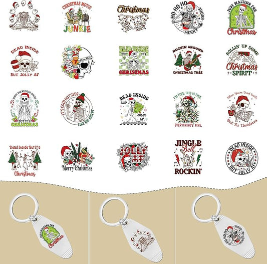 Christmas UV DTF Stickers - 80 Sheets Christmas Skeleton UV DTF Decals for Motel Keychain, Xmas Skull Rub on Transfer Stickers, DIY Hotel Keychain Blank Personalized Crafts