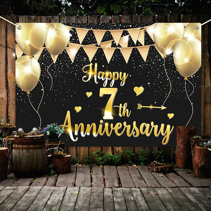 HAMIGAR 6x4ft Happy 7th Anniversary Banner Backdrop - 7 Wedding Anniversary Decorations Party Supplies - Black Gold