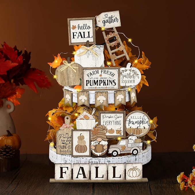 24 Pcs Thanksgiving Fall Tiered Tray Decoration Set Thanksgiving Table Sign Pumpkins Farmhouse Decor Gnome Maple Leaves Decorative Trays Harvest Wood Blocks Signs Block Tabletop for Autumn