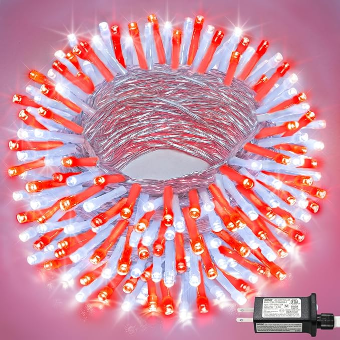 66FT 200 LED Christmas Lights Outdoor, Plug in Christmas String Lights Indoor, Waterproof & 8 Modes & Timer Function, Connectable Fairy Twinkle Light for Tree Garden Xmas Decor, Red White