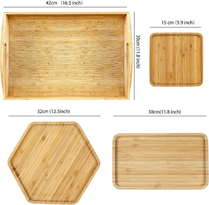 Bamboo Serving Trays 16.5"x11.8"（42x30cm with Handle, Set Includes 0.63"(1.6cm) Thick Dinner Plates Hexagon 12.5"(32cm)+Rectangle 9.8"(25cm)*5.9"(15cm)+Square 5.9"(15cm)