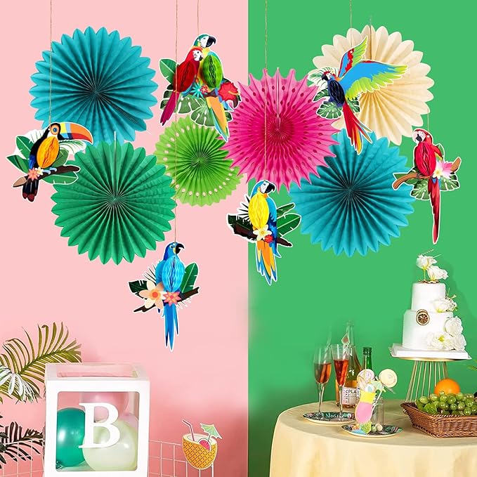 Tropical Parrot Party Decorations, Green Teal Jungle Theme Decorations for Summer Hawaiian Luau Tiki Party Supplies Hanging Tissue Paper Fans Honeycomb Balls Poms.
