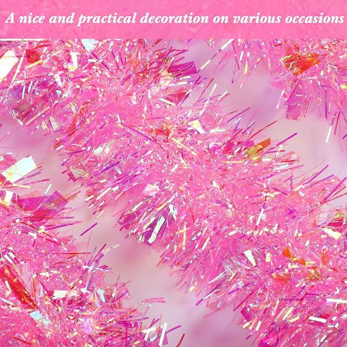 Dilunave 40 Feet Christmas Tinsel Garland Metallic Foil Twist Tinsel Garland Decoration for Christmas Tree, Wedding, Birthday and Party Hanging Decorations(Pink, Rainbow)