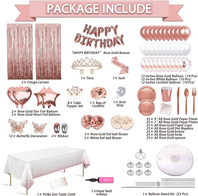 285 Pcs Rose Gold Party Decorations, Birthday Decorations For Women Or Girl - Knives, Forks and Spoons, Tiara, Butterfly, Sash, Paper Pom Poms, Balloon Stand, Tableware For 25 Guests