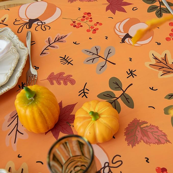 Thanksgiving Waterproof Tablecloth – Fall Harvest Pumpkins, Maple Leaves & Berries Print – Autumn Rectangle Table Cover for Dining or Party, Brown, W60 x L144 in
