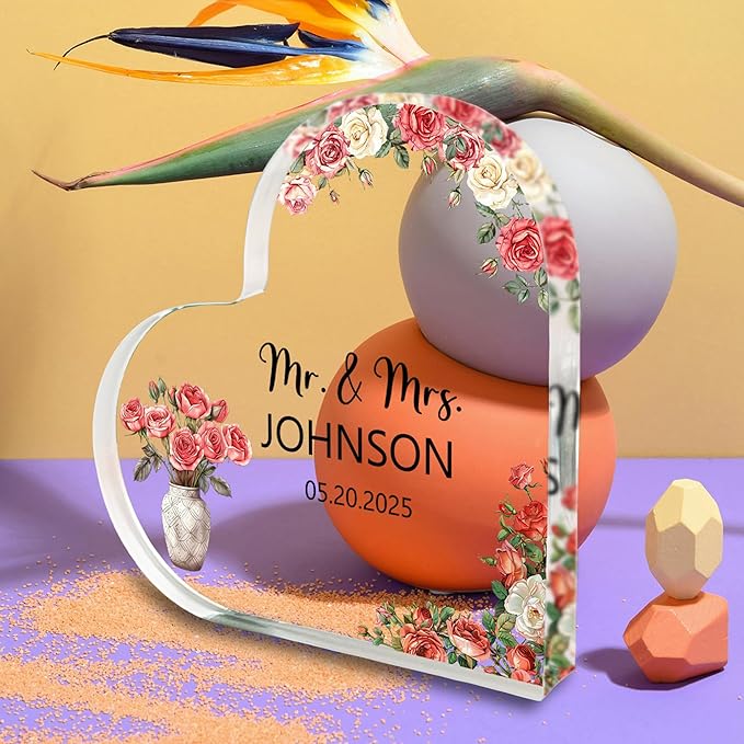 Custom Wedding Heart Acrylic Plaque,Mr & Mrs Cake Topper,Personalized Wedding Keepsake/Gift/Sign (Style 9)