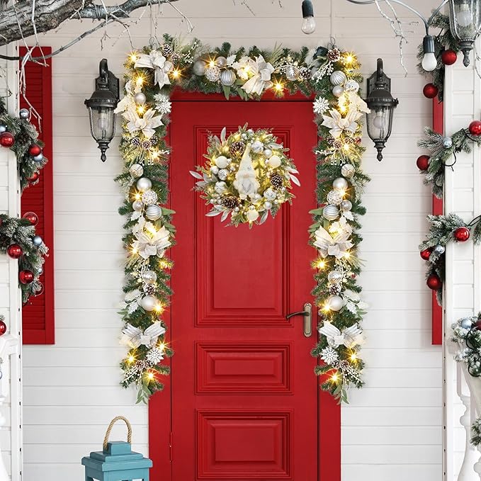 GarveeHome Christmas Garland with Lights, 6 ft Prelit Outdoor Christmas Garland with Silver White Christmas Balls Pine Cones for Mantle Front Door Table Centerpiece Indoor Home Holiday Decorations