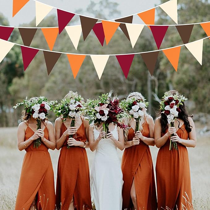 32Ft Fall Party Decorations Burgundy Orange Brown Triangle Flag Fabric Pennant Garland Bunting for Happy Fall Decor Thanksgiving Day Harvest Autumn Wedding Birthday Party Outdoor Garden Hanging Decor