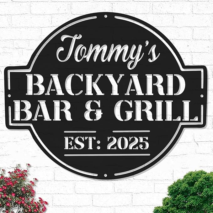 BBQ Grill Metal Sign for Dad - Custom Outdoor Bar Kitchen Name Sign - Backyard Barbecue Hanging Decor - Personalized Gift for Grandpa, Husband, Father