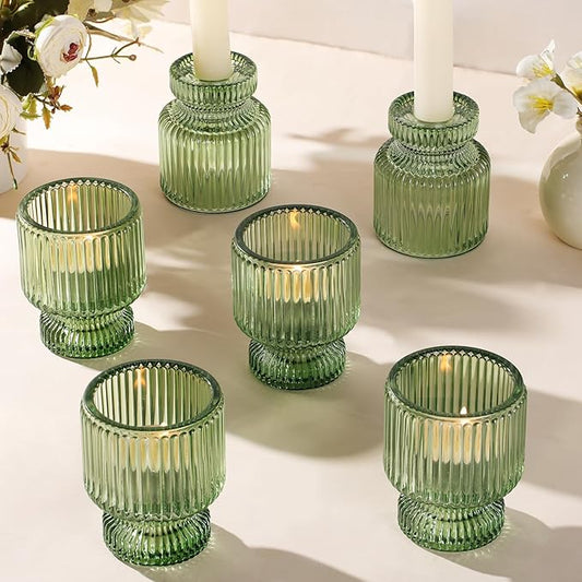 DARJEN 6 Pcs Green Candlestick Holders - Glass Taper Candle Holders Tealight Votive Candle Holders for Table Centerpieces, Wedding, Dinner Party, Home, Gifts