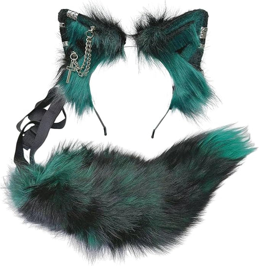 Wolf Ears Tail Set Fox Wolf Headbands Clips Fluffy Cosplay Costumes, Gothic Punk Accessories for Halloween