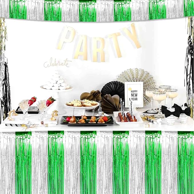 6 Pack 6 Feet Foil Fringe Garland Metallic Tassle Banner Wall Hanging Tinsel Streamers Backdrop for Parade Floats, Wedding, Birthday, Mardi Gras, St Patrick Day Party Decorations(Silver Green)