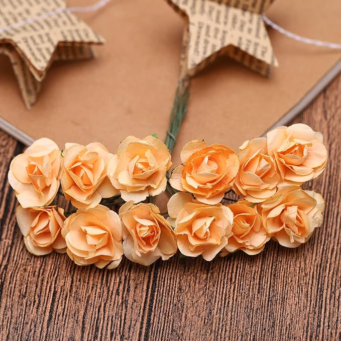 144pcs Mulberry Paper Mini Roses Artificial Flowers Heads with Stems for DIY Crafts Accessories Make Bridal Hair Clips Headbands Dress Wedding Bridal Bouquets Party Home Decor Valentine's (Champagne)