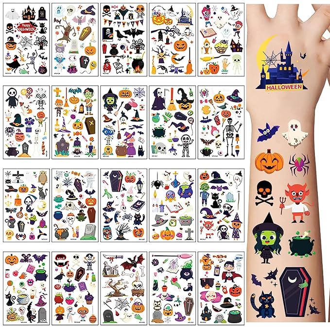 360PCS Halloween Temporary Tattoos for Kids, Halloween Face Fake Tattoo Body Stickers Decorations, Face Makeup Assorted Prizes Goody Bag Stuffers Party Favors Supplies Decor Pumpkin Witch Skull Adult