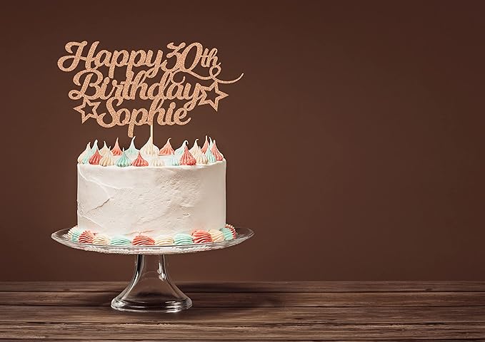 EDSG Personalized Happy Birthday Cake Topper Customized with Any Age Name Party Cake Decoration 16 18 21 40 60 Double Sided Glitter Card Pink