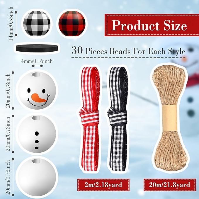 Landical 180 Piece DIY Christmas Snowman Wooden Bead Crafts Christmas DIY Ornaments Red Black Buffalo Plaid Wood Round Bead Xmas Print Wooden Beads with Twine Scarf for Crafts