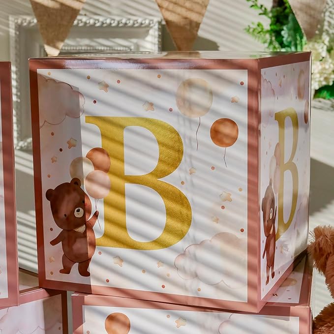 Kate Aspen We Can Bearly Wait Baby Shower Decorations, Baby Boxes with Letters for Baby Shower, Gender Reveal Decor Photo Prop & Forest Animal Nursery Decor (Set of 4 Blocks Spells B-A-B-Y)