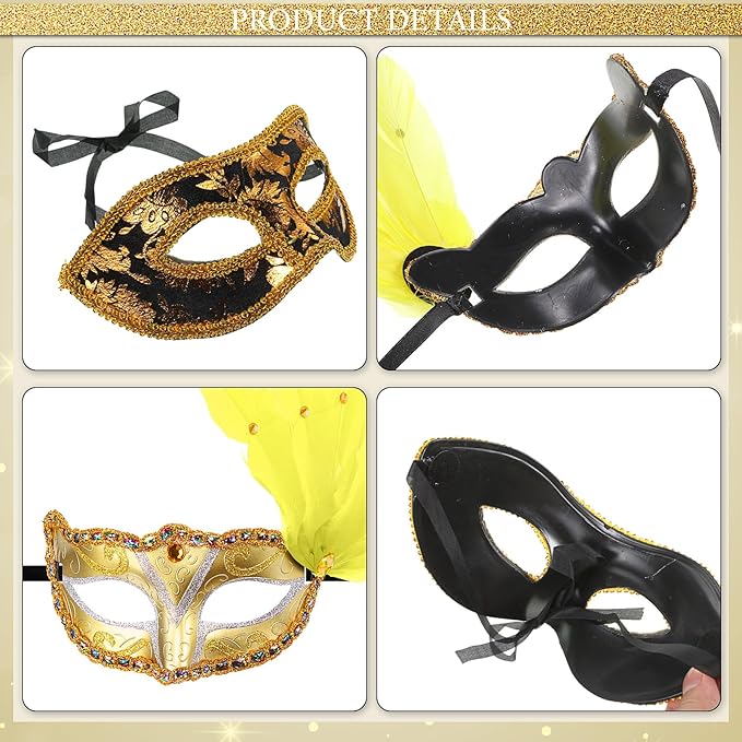 Sratte Couple Masquerade Mask with Feather Flower Unisex Half Face Venetian Mask for Mardi Gras Party