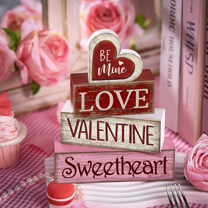 4 Pcs Valentine Table Decor Wooden Red Love Decoration, Valentine's Day Be Mine Centerpiece, Valentine Tiered Tray Decor Red Heart Block Signs Gift for Farmhouse Home Kitchen