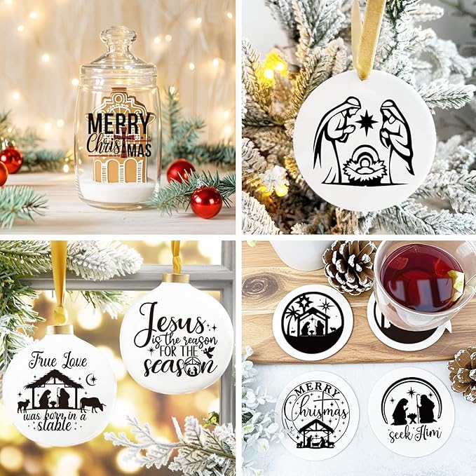 80Pcs Christmas Nativity Decals for Crafts Vinyl Christmas Word Stickers for Glass Jars Nativity Stickers Mason Jar Decals for Ornaments Ball Glass Cup Bottle Decoration(joy3in80)