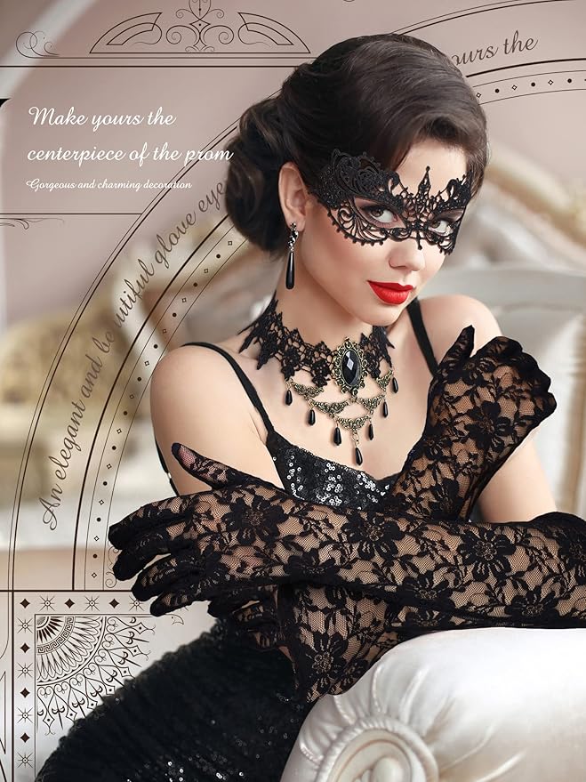 Newcotte 6 Pcs Masquerade Mask for Women Lace Mask Choker Necklace Glove for Christmas Halloween Venetian Party 80s 90s