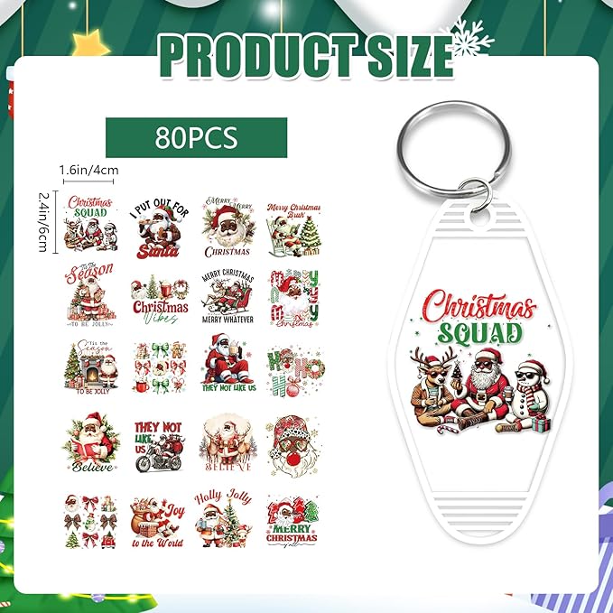 Christmas UV DTF Stickers - 80 Pcs Christmas Santa Uvdtf Decals for Motel Keychain Bow UV DTF Wraps Sticker Xmas Waterproof Hotel Keychain Transfers Stickers