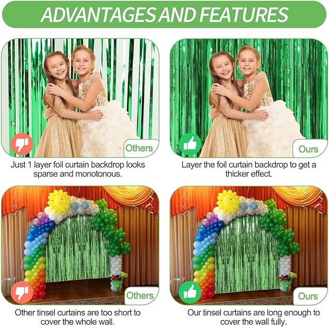 Crosize 7 Pack 3.3 x 9.9 ft Green Foil Fringe Curtains Party Decorations, Green Tinsel Curtain Backdrop for Parties, Door Streamers, Glitter Streamer Backdrop for Birthday Decoration
