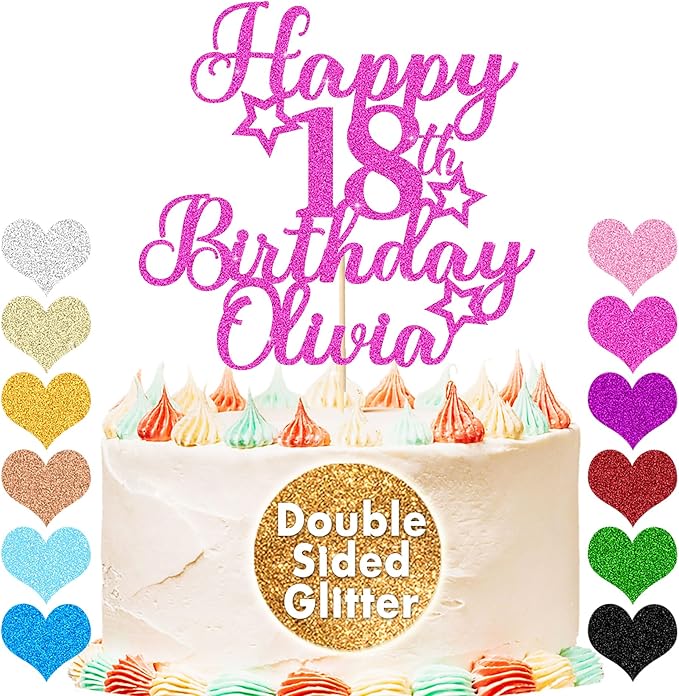 Happy Birthday Cake Topper Personalized Cake Topper Custom Cake Topper Birthday Double Sided Glitter Customized with Any Age Name Cake Decoration(Pink)