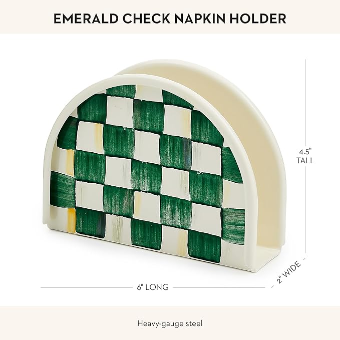 MACKENZIE-CHILDS Enamel Napkin Holder, Kitchen Napkin Holder for Table and Countertop, Green-and-White Emerald Check