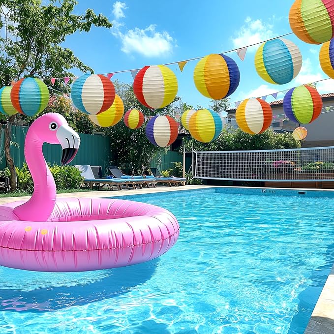 Pool & Beach Theme Birthday Party Decorations – 15PCS 8" Colorful Hanging Paper Lanterns for Tropical, Luau, Hawaiian, Summer & Indoor/Outdoor Events