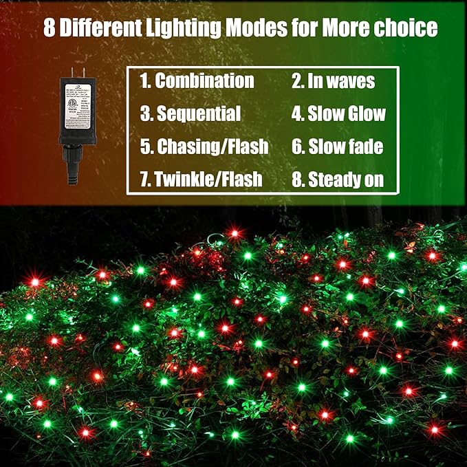 120Led Christmas Net Lights Outdoor 5ft x 6ft, Connectable 8 Modes Waterproof 29V Plug in Black Wire, Mesh Net Christmas Lights for Bushes Shrubs Yard Trunk Xmas Tree Christmas Decorations (Red&Green)