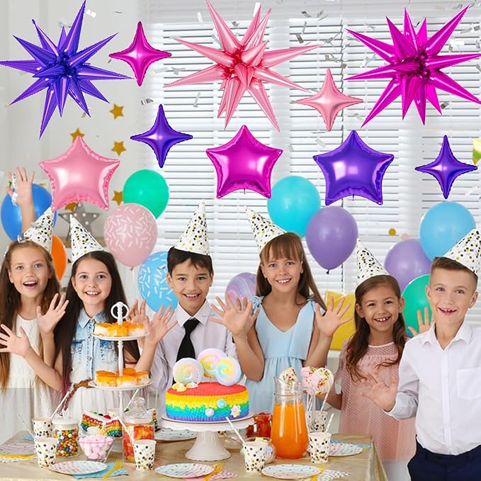21 Pcs Star Balloons,22/18/10 Inch Star Foil Mylar Balloon,Spike Balloon and Four Pointed Balloons for Party Supplies Christmas Birthday Wedding Photo Booth (Purple Pink Hot Pink)