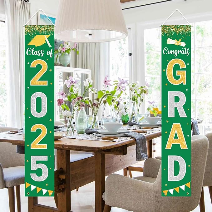 Graduation Decorations 2025 GRAD Banner Green Porch Door Sign Welcome Banner For Indoor Outdoor Wall Graduation Decorations Class of 2025