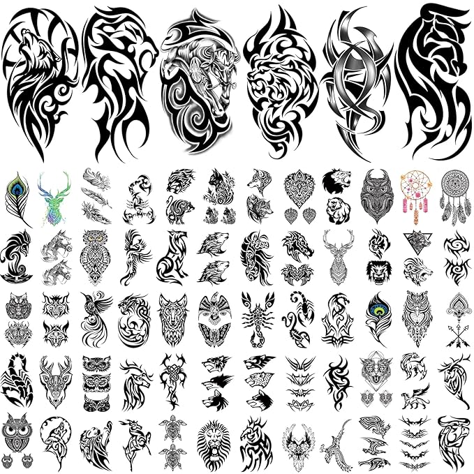 77 Sheets Tribal Temporary Tattoos for Men, 17 Sheets Half Arm Western Tribal Wolf Lion Owl Skull Fake Tattoos for Adults Women, 60 Black Tiny Tattoos Sticker for Halloween Party Supplies