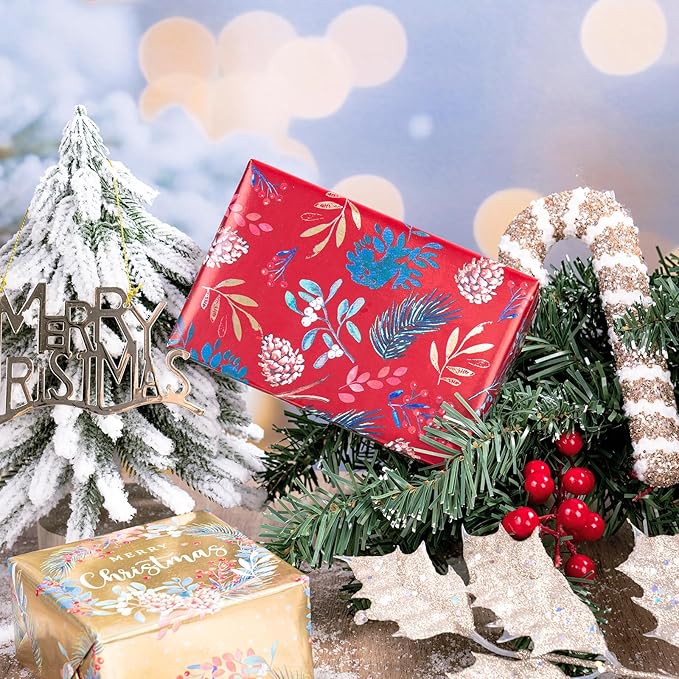 WRAPAHOLIC 30 Inch Christmas Wrapping Paper Roll - Jumbo Roll Red, Green, Gold Bird, Christmas Garland, Holly and Pinecones with Metallic Foil Shine Design - 4 Rolls - 30 Inch x 120 Inch Per Roll