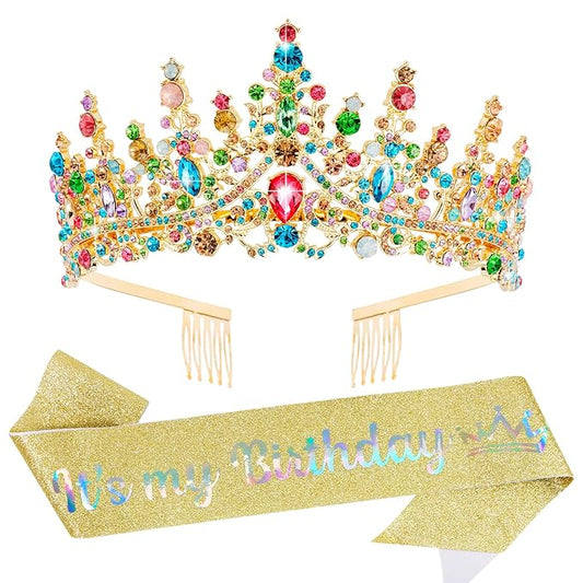 VELSCRUN Colourful Crystal Birthday Tiara Crowns for Women Girls It's My Birthday Sash Queen Girls Princess Crown with Combs Happy Birth Party Decorations Mom Sisters Birth Gift Hair Accessories