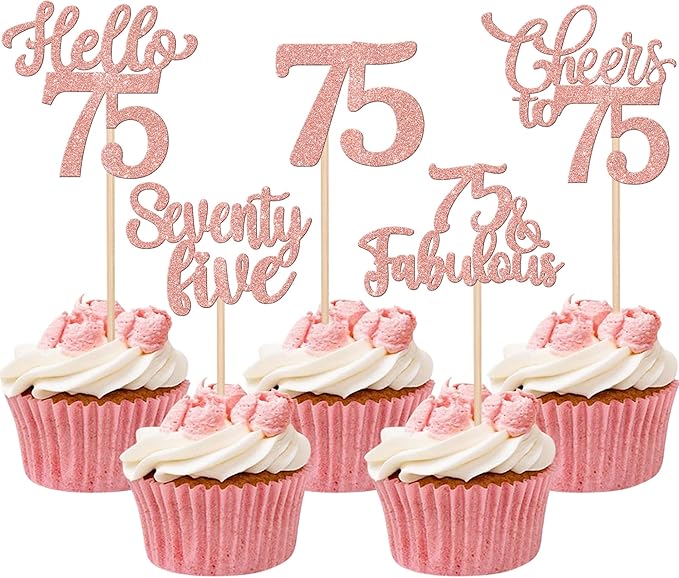 30PCS Happy 75th Birthday Cupcake Toppers Glitter Hello 75 Fabulous Seventy Five Cheers to 75 Years Old Birthday Cupcake Picks for Happy 75th Birthday Anniversary Party Cake Decor Supplies Rose Gold