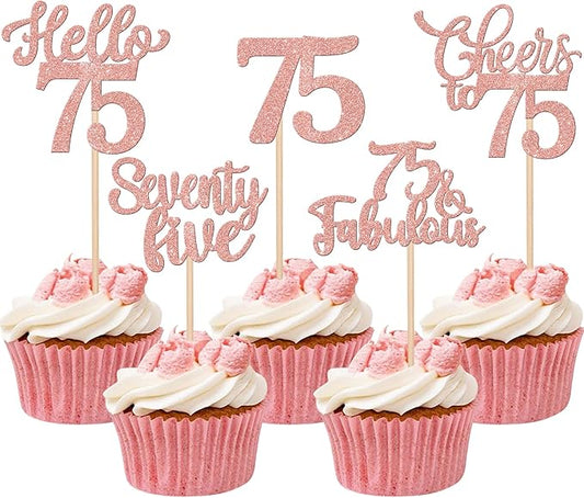 30PCS Happy 75th Birthday Cupcake Toppers Glitter Hello 75 Fabulous Seventy Five Cheers to 75 Years Old Birthday Cupcake Picks for Happy 75th Birthday Anniversary Party Cake Decor Supplies Rose Gold